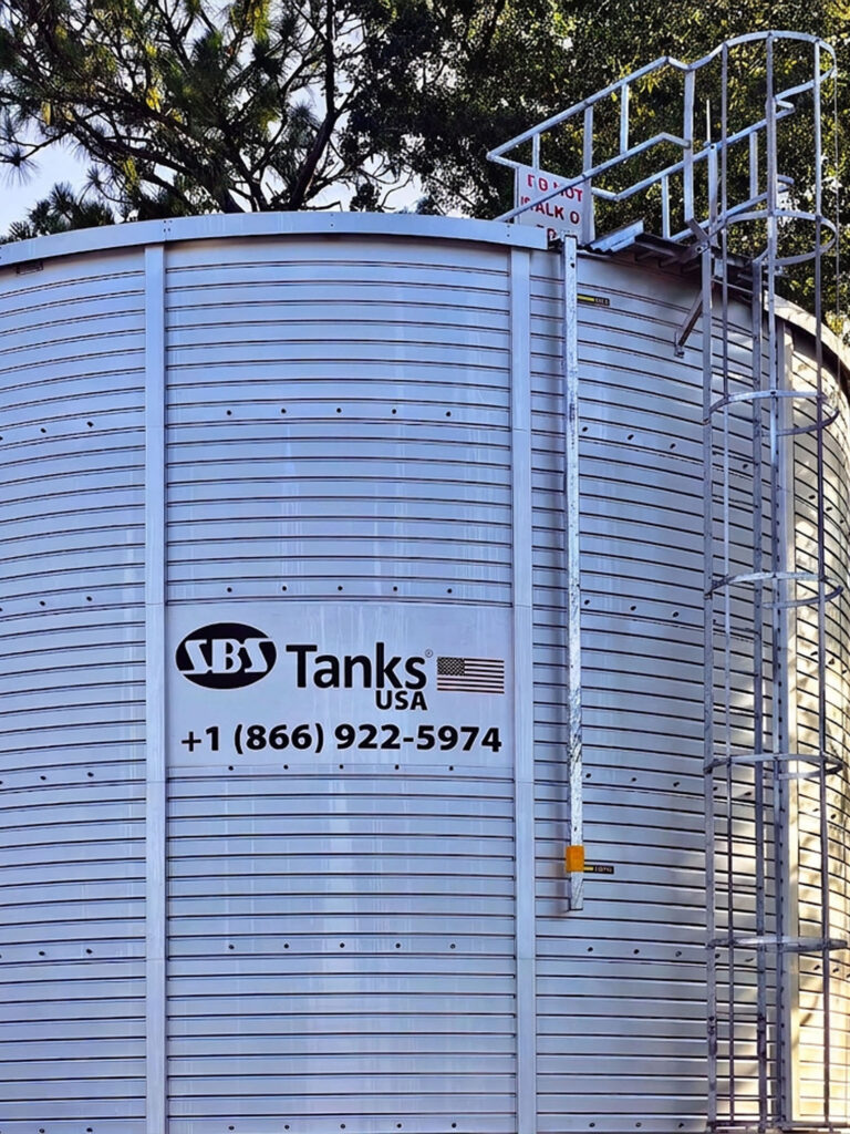 SBS Tanks 85,330-gallon CY11R07 cyclonic fire protection water tank installed at Buddy Boys in St. Augustine, Florida.